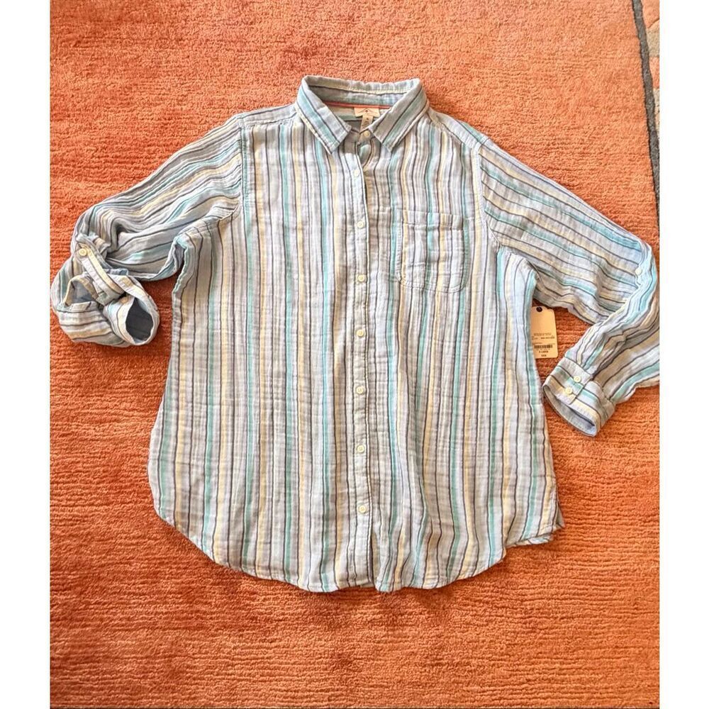 St. John’s Bay Stripe Cotton Shirt XL Blue Lightweight Summer